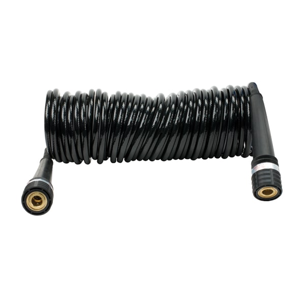 30 foot inside braided coil hose with quick connect couplers.